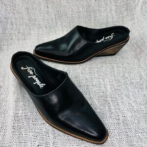Free People Black Leather Wedge Mules